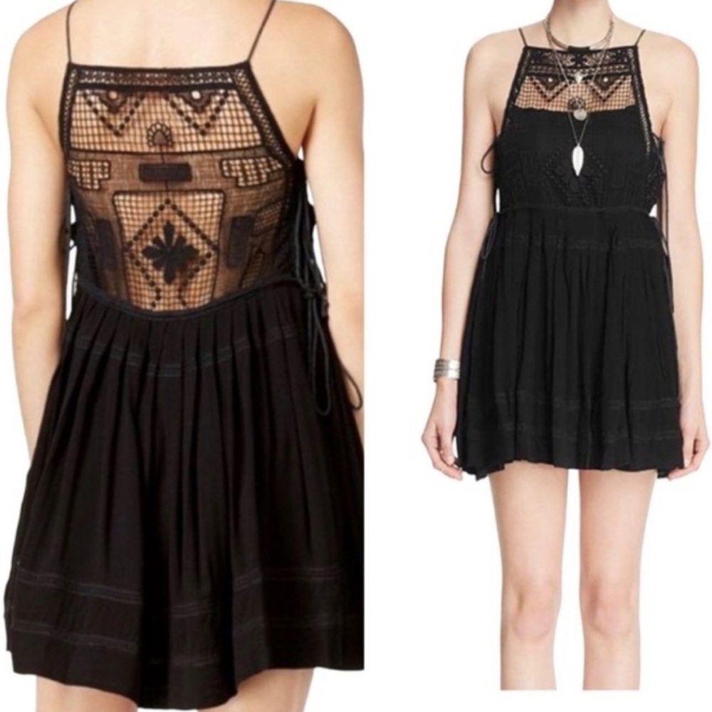 Free People Emily Black Mini Dress Crochet Lace Side Tie Boho Womens Size XS